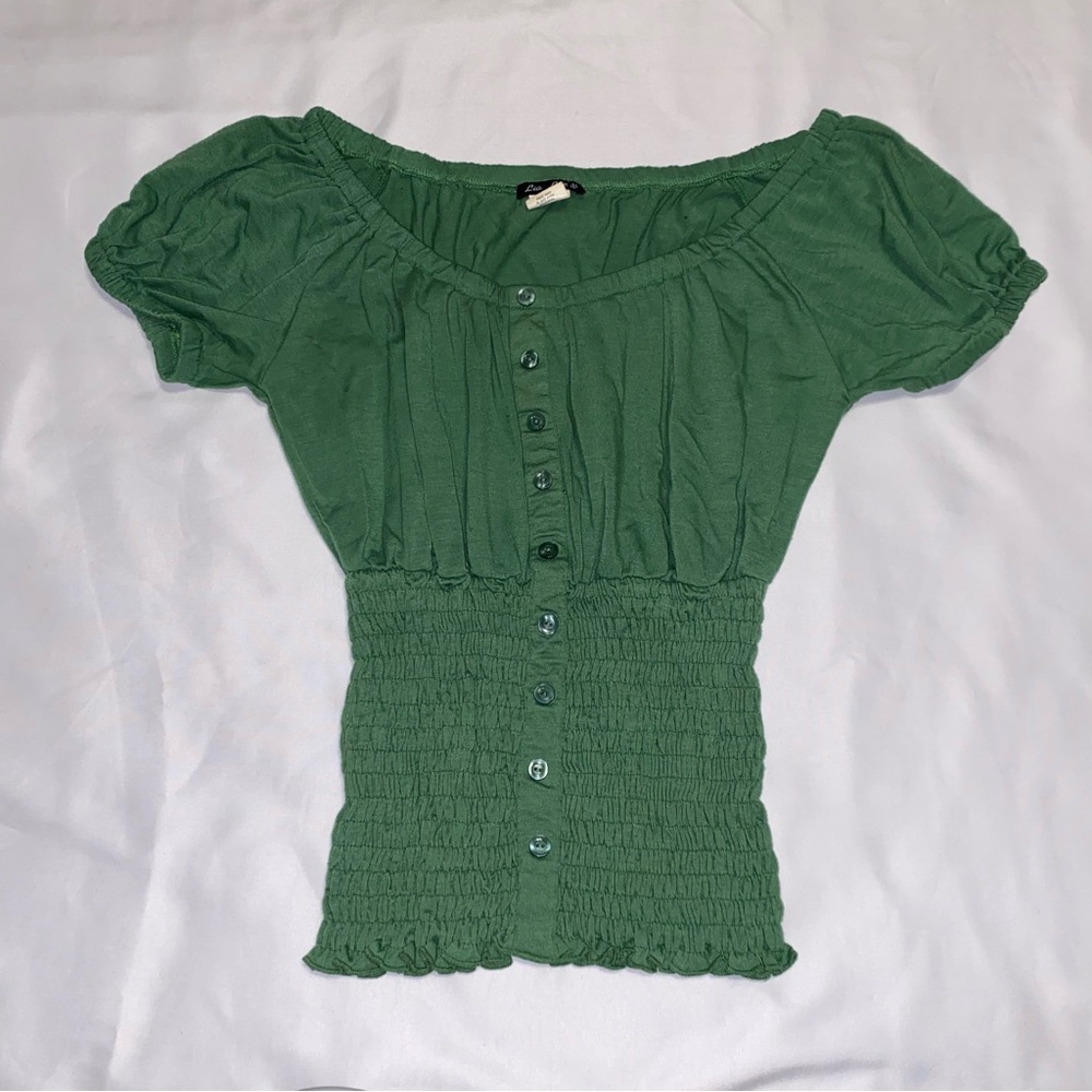 Lia Lee Green Smocked Button-Front Top